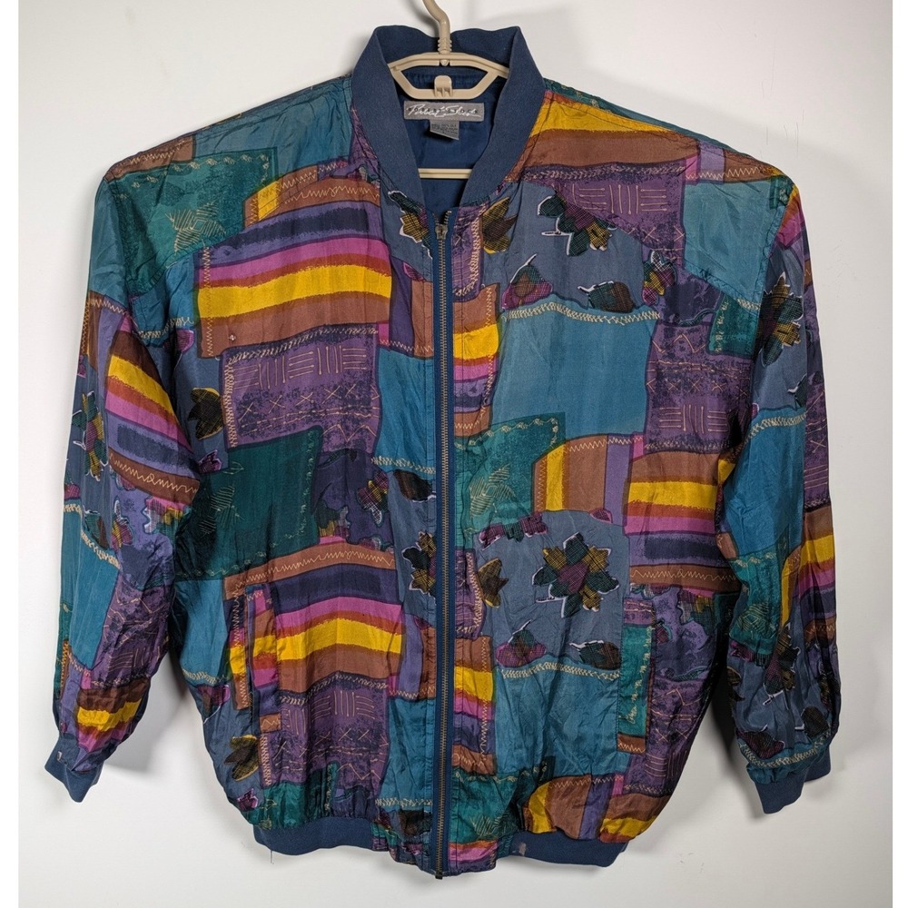 Vintage Robert Stock Mens Bomber Jacket Silk Abstract Patchwork Multi Relaxed L